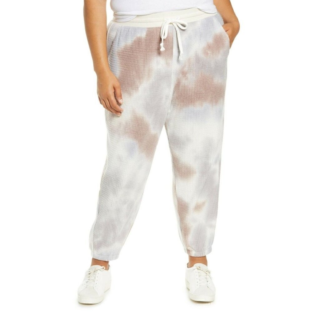 NWT MELLODAY Size 2X Women's Plus Size Tie Dye Thermal Joggers Grey Multi Color